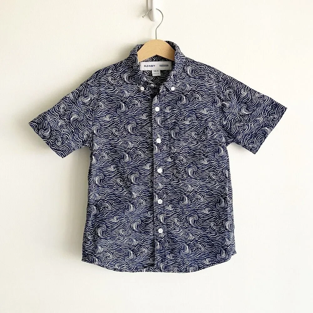 Old Navy Built In Flex Wave Shirt Boys Sz 6-7 Navy Blue Short Sleeve Button Down